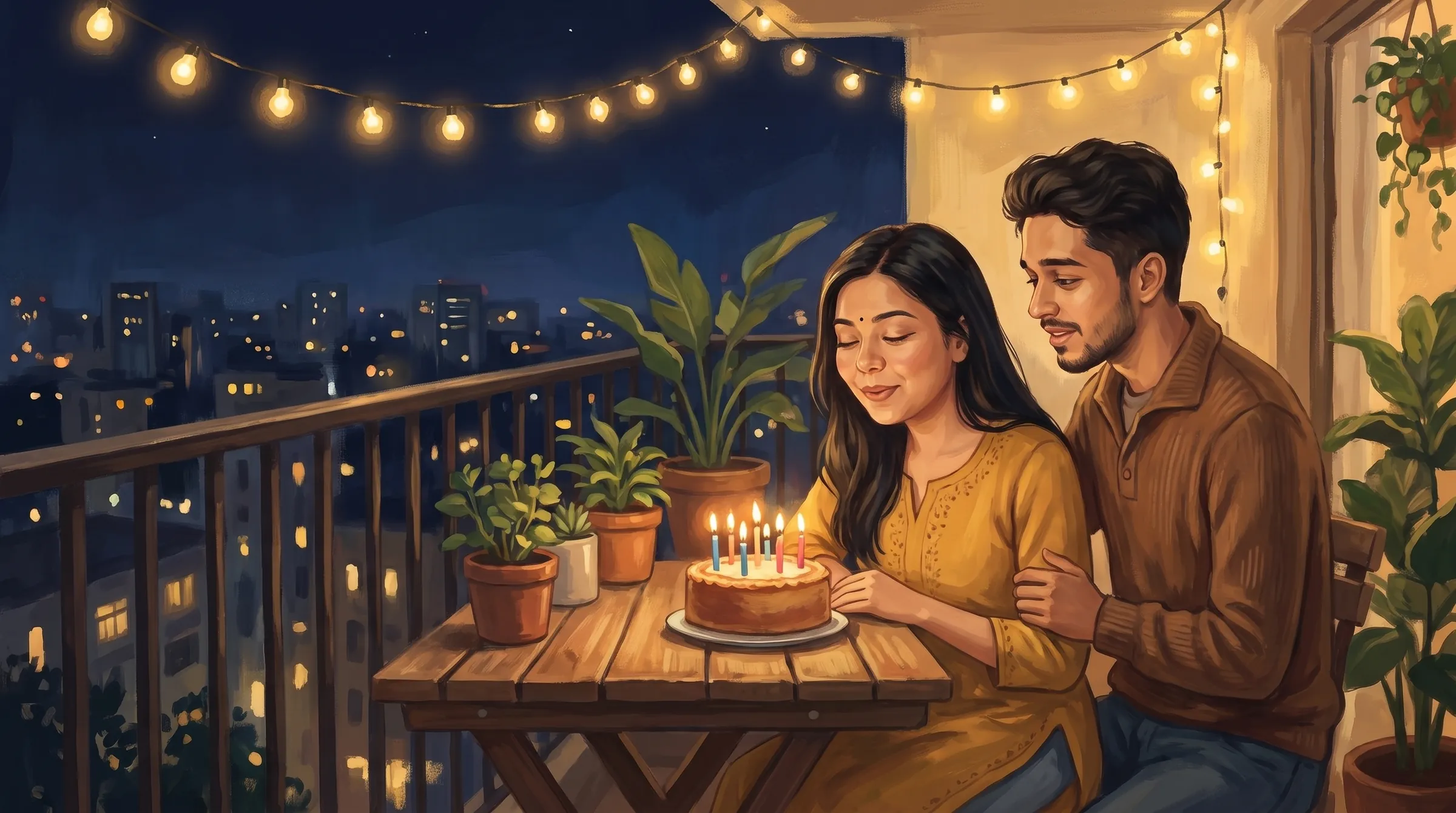Baki and Yuki on a fairy-lit balcony with a birthday cake