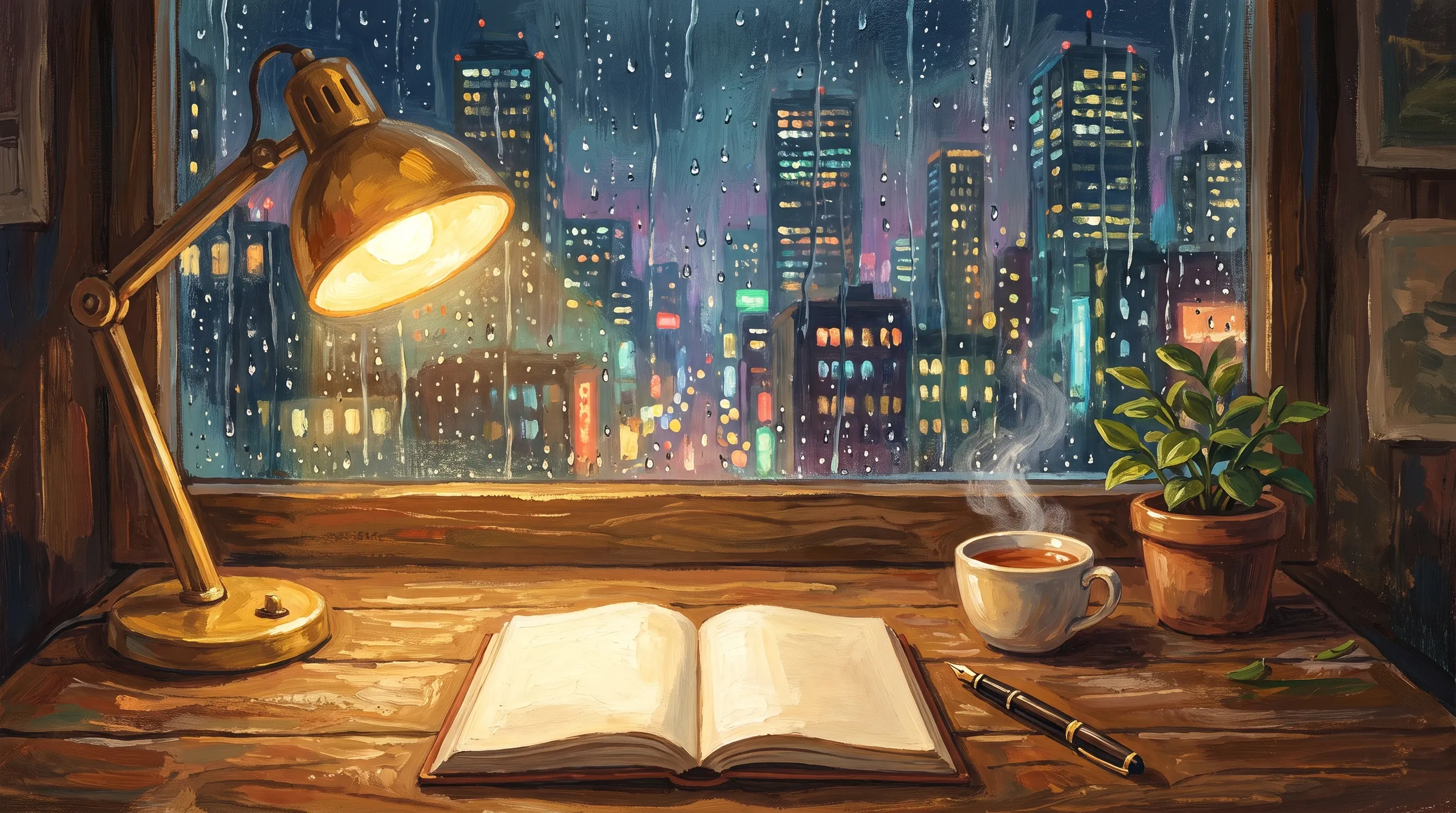 A rainy window at night, a lamp, an open journal and a cup of tea